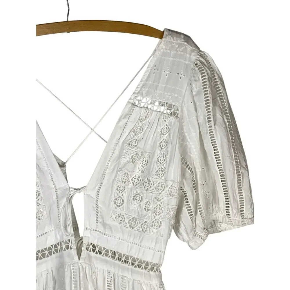 Urban Outfitters White Eyelet Puff Sleeve Mini Dress Size L Coquette Flirty - Picture 4 of 8